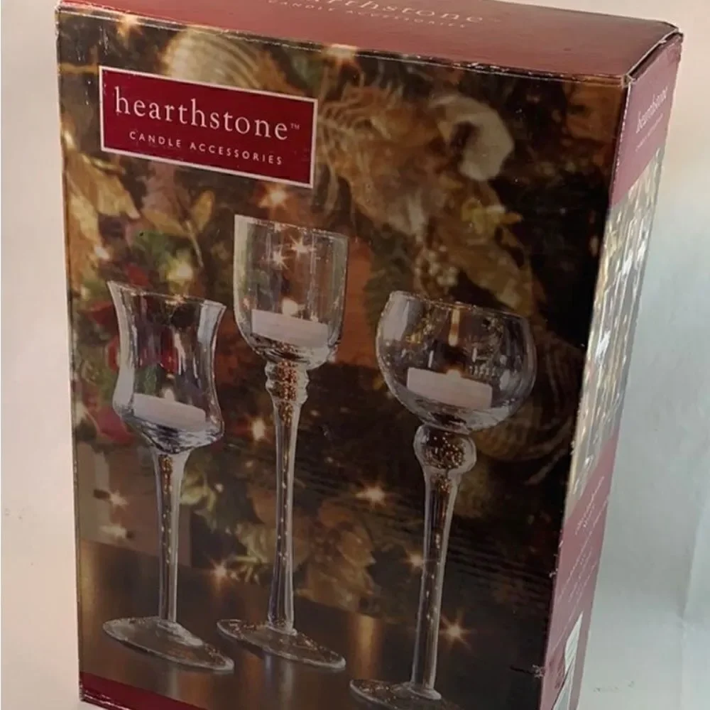 Hearthstone Set 3 Clear Glass Candle Tea Light Holders Holiday EUC In Box